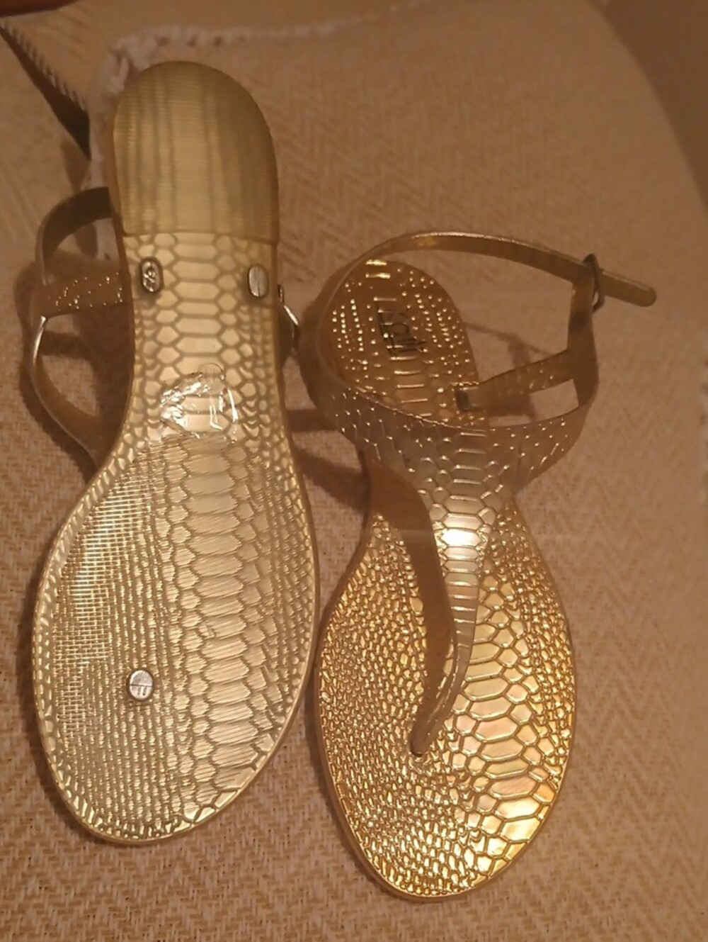 Women’s Metallic Gold T-Strap Sandals with Ankle Strap - Picture 2 of 2